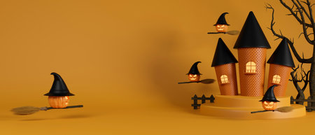 Witch house and pumpkins witches frying with broom on yellow background, halloween concept, 3D rendering, 3D illustrationの写真素材
