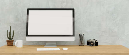 Computer monitor with mock-up screen on the wooden desk with stationery and camera in loft office room, 3D rendering, 3D illustrationの写真素材