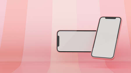 Two smartphones with mock-up screen flying on pink abstract background, 3D rendering, 3D illustrationの写真素材