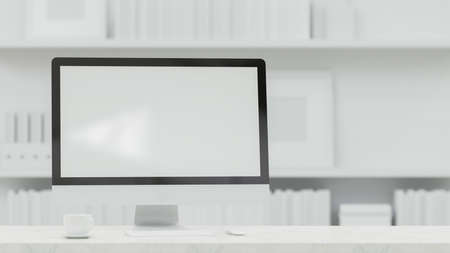 Desktop computer with mock-up screen on the table in white concept working space, futuristic interior, 3D rendering, 3D illustrationの写真素材