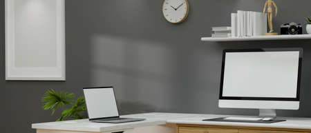 Loft office room interior design with computer, laptop, supplies and decorations, 3D rendering, 3D illustrationの写真素材