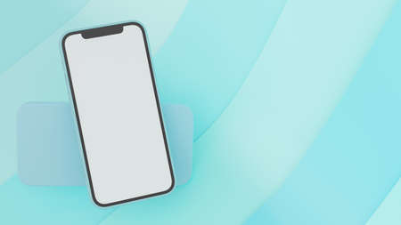 Smartphone with mock-up screen frying isolated on light blue abstract background with copy space, 3D rendering, 3D illustrationの写真素材
