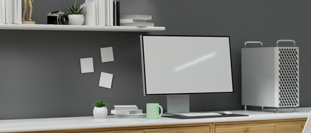 Loft office room interior design with computer device, supplies and decorations, 3D rendering, 3D illustrationの写真素材