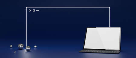 Digital tablet with mock-up screen and wireless keyboard isolated on blue background, 3D rendering, 3D illustrationの写真素材