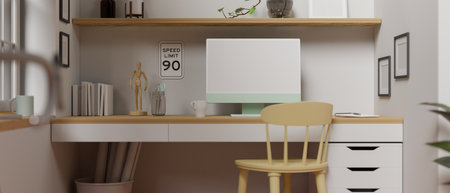 Modern home office interior design with computer, supplies and decorations on the desk, 3D rendering, 3D illustrationの写真素材