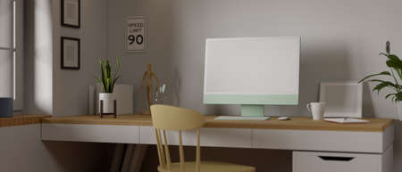 Home office interior design with computer, supplies and decorations on the desk beside the window, 3D rendering, 3D illustrationの写真素材
