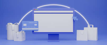 Computer monitor, shopping bags and credit card, online shopping concept, 3D rendering, 3D illustrationの写真素材