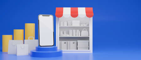 Online shopping concept with smartphone, shop and bags composing on blue background, 3D rendering, 3D illustrationの写真素材