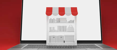 Online shopping concept, stock shelves on laptop with mock-up screen on red background, 3D rendering, 3D illustrationの写真素材
