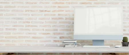 Computer device with mock-up screen on the table with books and copy space, 3D rendering, 3D illustrationの写真素材