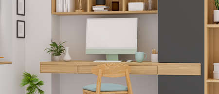 Cozy home office room with computer desk, bookshelf and decorations, 3D render, 3D illustrationの写真素材