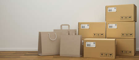 Shopping bags and cardboard boxes stacked on the wooden floor with white wall background, 3D rendering, 3D illustrationの写真素材
