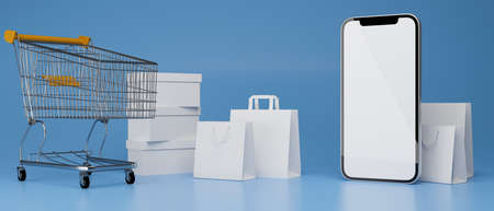 Smartphone with mock-up screen composing on blue background with cart and shopping bags, 3D render, 3D illustrationの写真素材