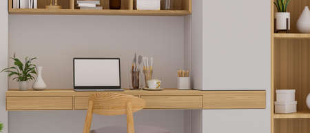 Cozy home office room with laptop, paint tools on the desk, bookshelf and decorations in the room, 3D render, 3D illustrationの写真素材