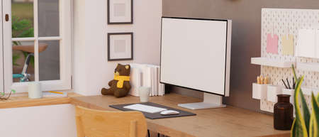 Home working space interior design with computer device, stationery and decorations, 3D rendering, 3D illustrationの写真素材
