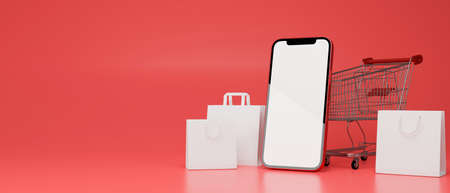 Smartphone with mock-up screen, shopping bags and cart composing on red background, 3D rendering, 3D illustrationの写真素材