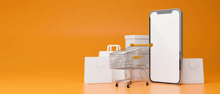 Smartphone with mock-up screen composing on yellow background with cart and shopping bags, 3D render, 3D illustrationの写真素材
