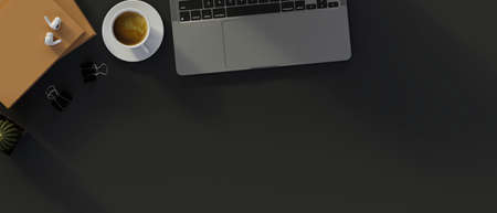 Top view of workspace with laptop, coffee cup, stationery and copy space on dark table, 3D...