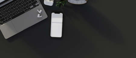 Top view of smartphone with mock-up screen, laptop, supplies and copy space, 3D rendering, 3D illustrationの写真素材