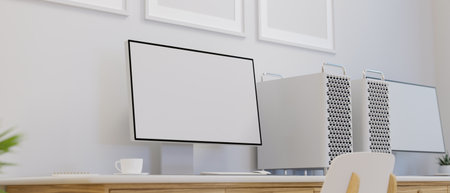 Office workspace with computer devices with mock-up screen on the desk, 3D rendering, 3D illustrationの写真素材