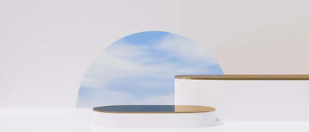 Creative mock-up scene with cylindrical podiums for product display and blue sky background, 3D rendering, 3D illustrationの写真素材