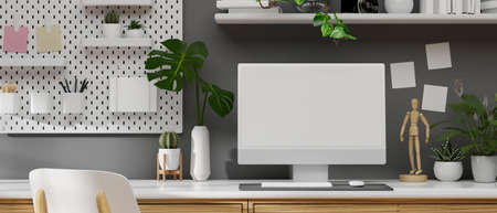 Modern workspace with mock up desktop computer with office supplies, copy space, 3D rendering, 3D illustrationの写真素材