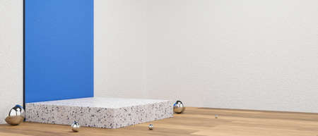 Abstract mock-up scene with modern graphic shapes on wooden floor, 3D rendering, 3D illustrationの写真素材