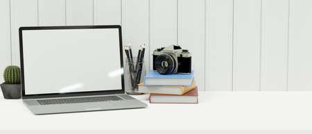 Minimal workspace with laptop, stationery on the desk and shelf on loft wall, copy space, 3D rendering, 3D illustrationの写真素材