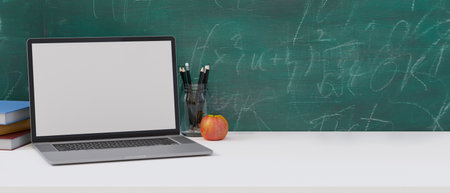 Mock up laptop computer on white table with green blackboard background, back to school, 3D rendering, 3D illustrationの写真素材