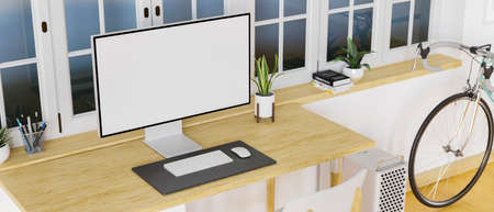 Loft workspace with desktop computer, stationery on the desk and copy space, 3D rendering, 3D illustrationの写真素材
