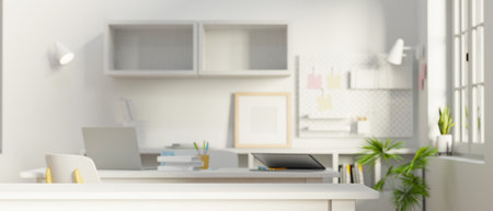 Minimal white workspace with office supplies, copy space, 3D rendering, 3D illustrationの写真素材