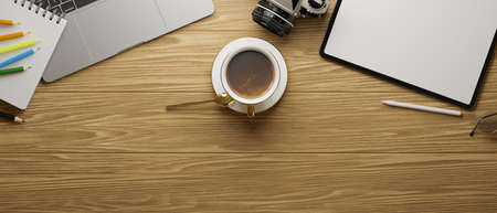 Study workspace with mock up tablet on wooden table, 3D rendering, 3D illustrationの写真素材