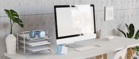 Modern workspace with mock up desktop computer with office supplies, 3D rendering, 3D illustrationの写真素材