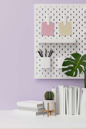 Cropped shot of lively work space and copy space for product display in purple wallpaper with room decorations, 3d rendering, 3d illustrationの写真素材