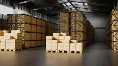 Standard warehouse interior with 4 pallet and full of cargo, logistic business, 3d rendering, 3d illustrationの写真素材