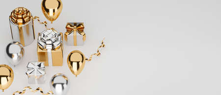 New year luxury concept banner, gold gift boxes with decorations and copy space for text advertisement on white background, 3D rendering, 3D illustrationの写真素材