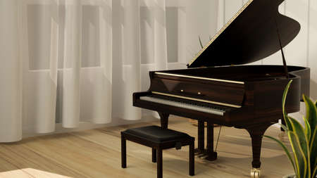 Grand piano in modern living room with light oak floor, curtain and plant, musical instrument, 3d rendering, 3d illustrationの写真素材