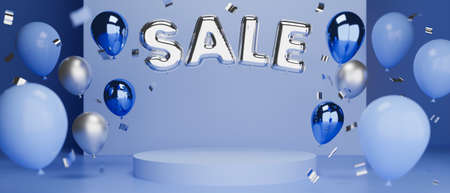 Online sale in blue concept banner with podium for product display and balloons, online marketing campaign, 3d rendering, 3d illustrationの写真素材