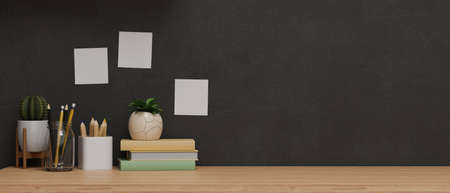 Copy space for product display on wooden table with decorations and black wallpaper, Modern room concept idea, working corner, 3D rendering, 3D illustrationの写真素材