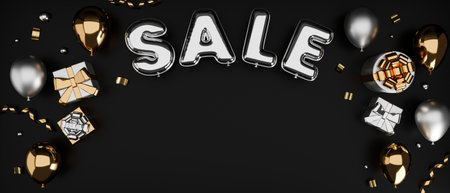 Sale banner in luxury concept with balloons, gift boxes and decorations in gold-silver tone, copy space for advertising, 3d rendering, 3d illustrationの写真素材