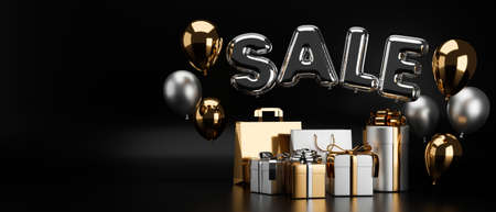 Luxury advertise banner design with black and gold colour tone, sale banner, marketing campaign banner with sale art text, balloons, gift boxes in black background, 3D rendering, 3D illustrationの写真素材