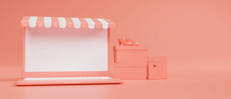 Online shopping concept, laptop with mock-up screen, awning and shopping package on pink background, 3D rendering, 3D illustrationの写真素材