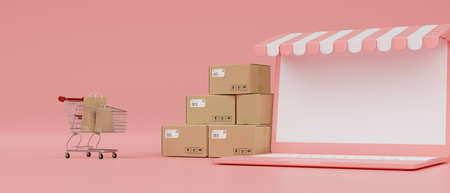 Online shopping concept, laptop with mock-up screen, awning, cart and boxes on pink background, 3D rendering, 3D illustrationの写真素材