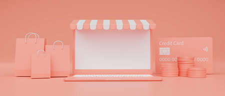 Laptop with mock-up screen, awning and shopping package on pink background, Online shopping concept, 3D rendering, 3D illustrationの写真素材
