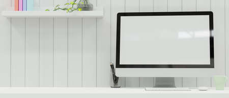 Workspace with computer, stationery, and decorations on the desk in white plank wall room, 3D rendering, 3D illustrationの写真素材