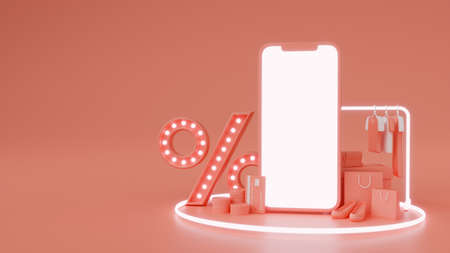 Smartphone with mock-up screen, product, online store and percent sign on pink background, 3D rendering, 3D illustrationの写真素材
