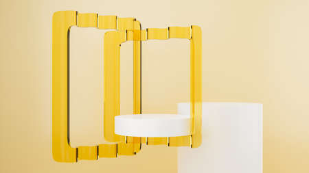 Creative futuristic mock-up scene with  geometry shape podium for product display on yellow background, 3D rendering, 3D illustrationの写真素材