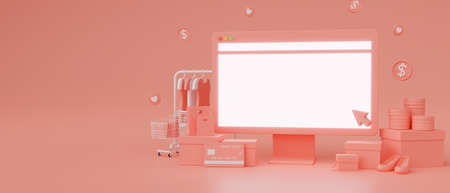 Computer monitor with mock-up screen and online store on pink background, Online shopping, 3D rendering, 3D illustrationの写真素材