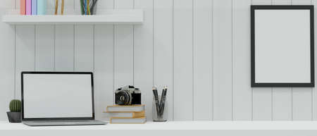Modern workspace with laptop, stationery, camera and decorations on the desk in white plank wall room, 3D rendering, 3D illustrationの写真素材