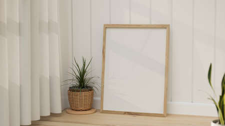 Minimal and cozy room design mock-up frame for product display with plants, white curtain, sunshine and wooden floor 3D rendering, 3D illustrationの写真素材